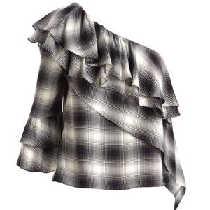 NWT ALICE + OLIVIA Hilaria B/W One-Shoulder Bell Sleeve Ruffle Plaid Top sz M